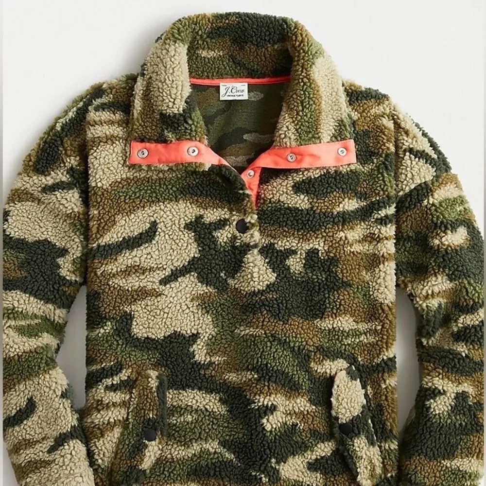 NWT J. Crew Camo Snap-Collar Sherpa Pullover Fleece Sweatshirt, Size XXS